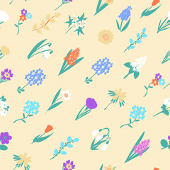 Seamless pattern with spring flowers in doodle style. A variety of spring flowers to a cute pattern for textiles and packaging.