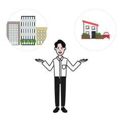 A simple illustration that can also be used for line drawing videos on a white background of a young casual man who has the choice of a condominium or a detached house with a smile