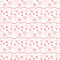 Romantic seamless pattern with a heart. Happy Valentine s Day. Red outline hearts, dots and stars on a white background.