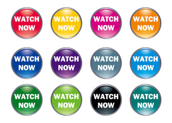 立体感、光沢感のあるWATCH NOWボタン。素材セット　今すぐ見る、アイコン、　ウェブサイト、バナー、アプリ用　白背景