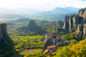 Sunny Day and Rock Monastery in Meteora Valley
