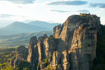 Meteora Rocks and Greek Monasteries on a Sunny Evening