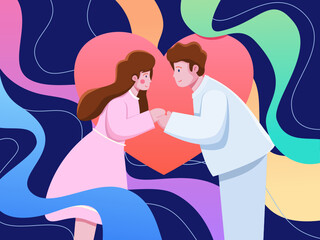 Naklejka na ściany i meble Couple in Love at Valentine Day with Colorful Flat Illustration. Couple Celebrate Valentine Day 14 February. Cute illustration Man and Girl in Love. Can use for Greeting Card, Animation, Web, Postcard