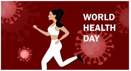 Naklejka na ściany i meble World health day concept, healthy woman running with covid-19 coronavirus disease pandemic background. Healthy strong lifestyle to prevent from covid-19 