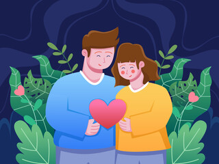 Man and woman couple embracing each other affectionately and in love. Couple with floral background flat illustration. Couple when Valentine's Day. Can use for greeting card, postcards, animation, web