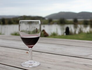 glass of red wine on a table in a garden with beautiful view 