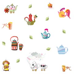 Endless print with funny teapots, cups and leaves, isolated on white background. Home textiles. Cheerful fabric for children.