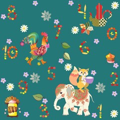 Funny endless fabric print for kids with numbers,, squirrel with a cup of milk, Indian elephant with a blanket, funny rooster, cakes, flowers, leaves and butterflies on an emerald green background.