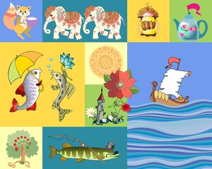 Patchwork pattern for baby with ship in ocean, funny fish, Indian elephants, fairytale castle, flowers, cake, teapot in shape of ship, squirrel, apple tree. Endless print for fabric. Carpet, pillow.