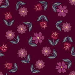 Natural seamless ornament with embroidered pink and red flowers on a deep brown background. Vector print for fabric. Romantic floral pattern.