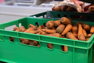 There are lots of ripe orange carrots in the market, covered in fresh earth. Rich harvest.