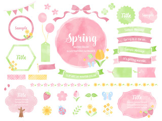 春色の水彩風イラストとフレームのセット / 桜、花、飾り、リボン、植物