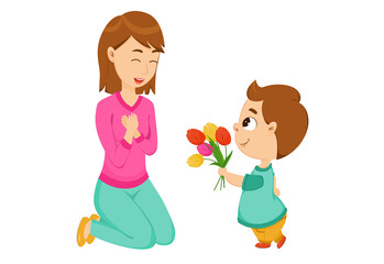 The child gives his mother flowers of tulips. Vector cartoon illustration for Mother's Day.