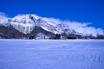 Scenic village in Austria covered with snow