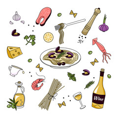 A set of ingredients for making Pasta with seafood. Doodle style. Vector graphics.