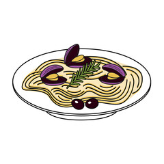 Pasta with mussels. Doodle style. Vector graphics.