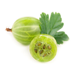 organic food, healthy food, green gooseberry fruits with leaf on white