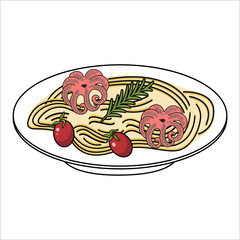 Pasta with octopus. Doodle style. Vector graphics.