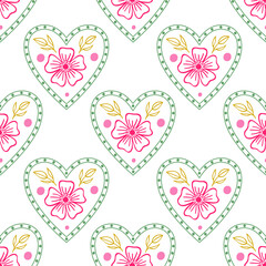 Folk heart with flowers. Seamless pattern on the white background.
