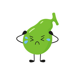 Sick sad kawaii gallbladder. Characters to illustrate the problem of cholecystitis, gallstone disease. Vector isolated illustration on white background.