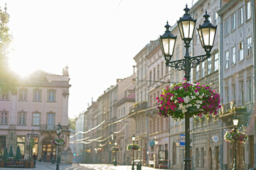 the central square is empty, LVIV, lantern in the middle of an empty square in the city of Lviv, quarantining in the streets of Lviv