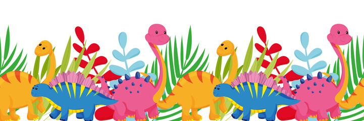 Seamless border with bright colorful dinosaurs and leaves