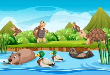 River in the forest with wild animals © blueringmedia