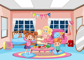 Girl bedroom interior with happy children cartoon character