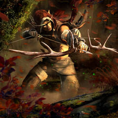 An evil brutal forest elf hunter with long eyebrows in a hood with black tattoos on face and sinister green eyes pulls an arrow with notches on a bow made of deer horns, in a misty forest 3d rendering © warmtail