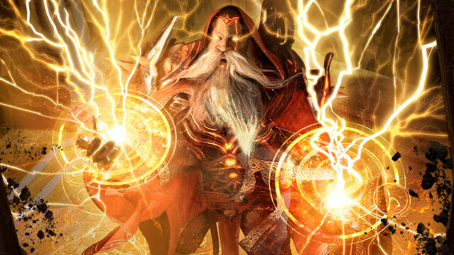 Overflowing with magical energy, an enraged sorcerer releases powerful lightning bolts from his hands into the sky, yelling at the top of his voice, he has a long mustache and a hood. 3d rendering