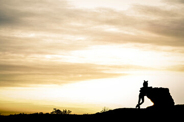 Silhouette Of Young Girl Leaning On A Big Rock With Open arms Facing The Sunset