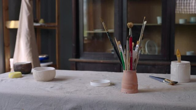 In the ceramics studio. Potter's workplace