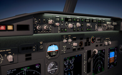 Aircraft close up cockpit view with cockpit lighting