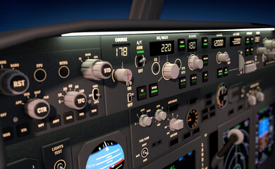 Aircraft close up cockpit view with cockpit lighting 