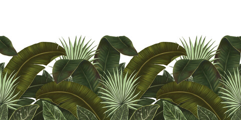 Exotic tropical pattern, seamless border. Tropical leaves wallpaper. Green palm leaves, banana, jungle background. Hand drawn 3d illustration. Design for wallpapers, websites, blogs, products