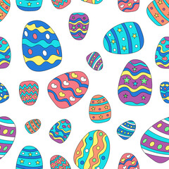 Festive vector seamless pattern of Easter colored eggs on a white background. Vector illustration in doodle style