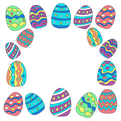 Festive square frame of Easter colored eggs on a white background.