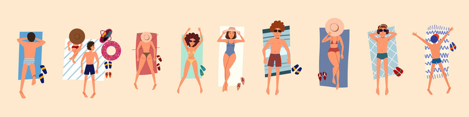 People on the beach or on the seashore relax and sunbathe. Vector isolated illustration in a flat style