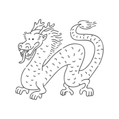 Dragon Chinese vector doodle fantasy animal of Eastern astrological calendar black outline on white background.