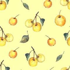Watercolor seamless hand drawn pattern with apple branch, leaves and yellow apples