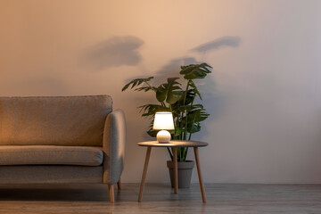 Comfortable sofa, glowing lamp in evening, potted plant on floor and table in living room interior