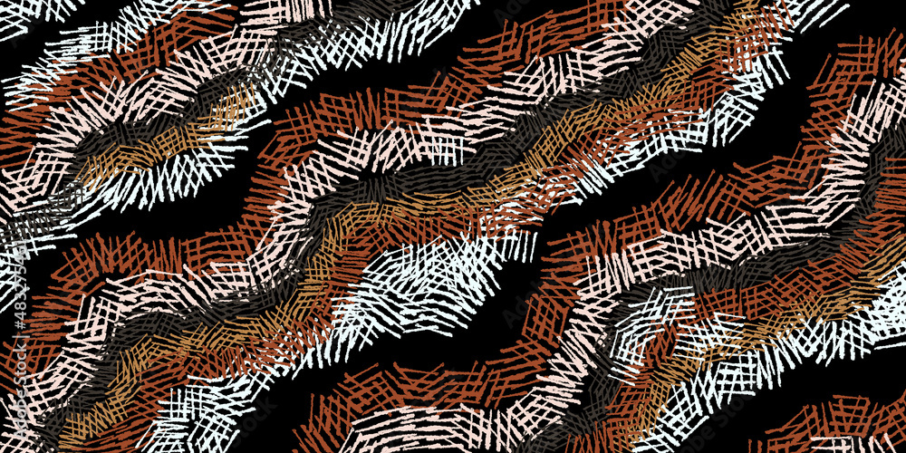 Poster multi-colored segments intersect and folded into wavy lines. waves at the same angle are located on 