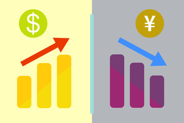 Dollar price up and yen price down. Bar graph icon and arrow graph icon set. Vector.