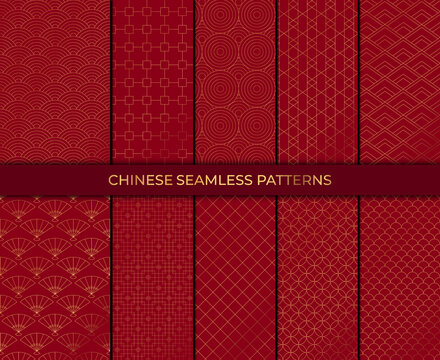 Set of 10 patterns in chinese style. Vector collection of asian backgrounds. Chinese seamless pattern collection. Decorative wallpaper.
