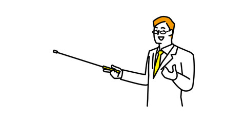 指示棒を使って説明をするメガネをかけた男性イラスト