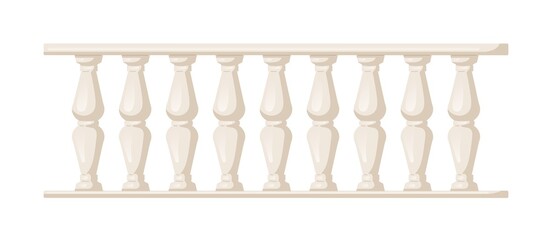 Stone balustrade with balusters for fencing. Palace fence. Balcony handrail with pillars. Decorative railing. Castle architecture element. Flat vector illustration isolated on white background
