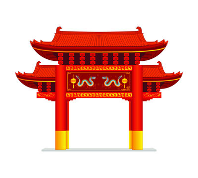 Chinese gate called Paifang symbols or gateway or entrance of china town with banner included Chinese dragon and lantern drawing in cartoon vector