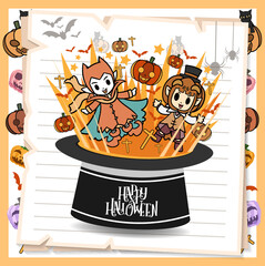 Paper on Halloween concept , Kids in Costume, Dracula Character style, cute cartoon vector for Festival   ,little devil in spiky hat, kids in Halloween costume, Children in vampire costumes