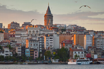 Journey. Istanbul, Turkey. View of the evening city, the Galata tower and the Golden Horn harbor