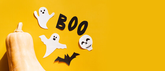 Halloween set decorations with ghost, bat, pumpkin, skeleton and word BOO on yellow background....